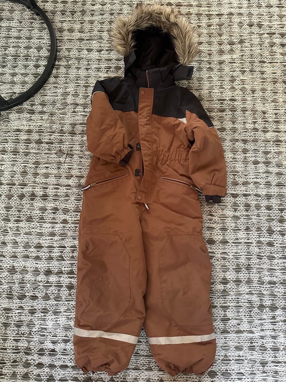 H&M Kids Size 4-6Y One Piece Snowsuit Brown Black Removable Hood Fur Trim